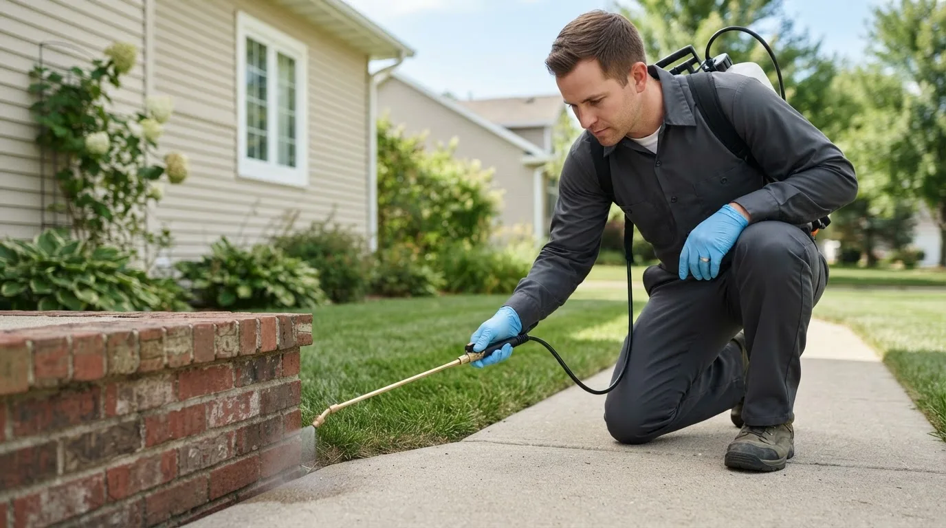 Pest control technician treating a home near Rockbridge Baths, VA